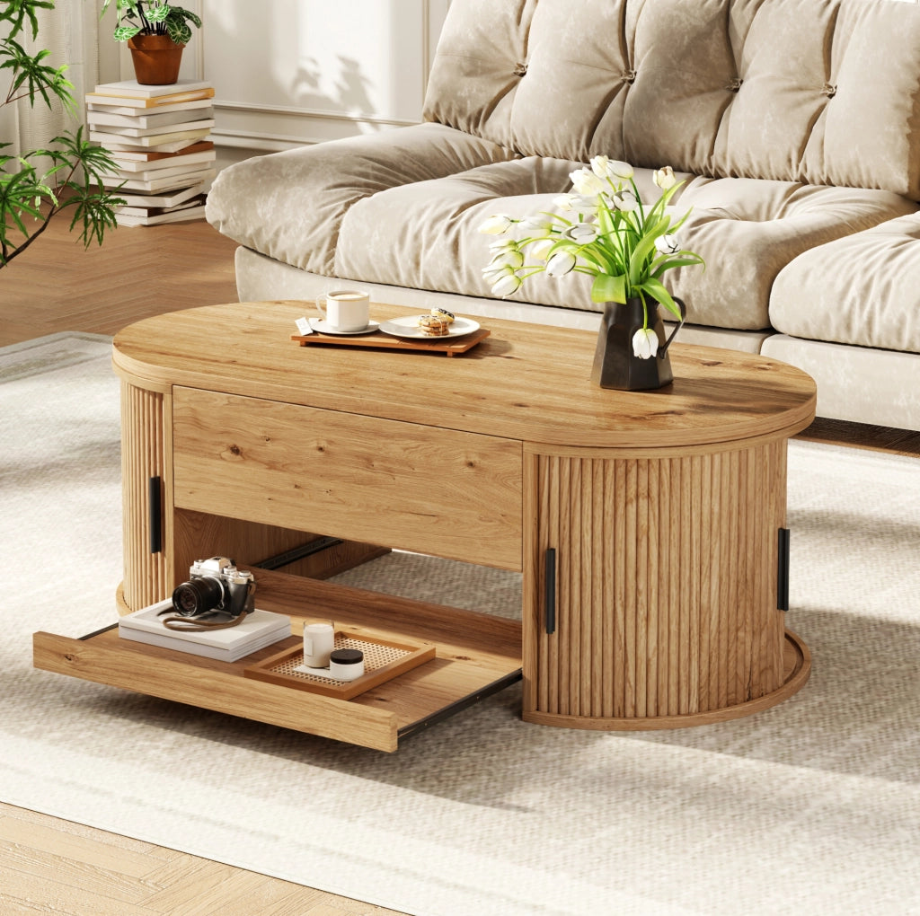 Tavolino da caffè elevabile 110x55x55 cm in MDF naturale con ante scorrevoli