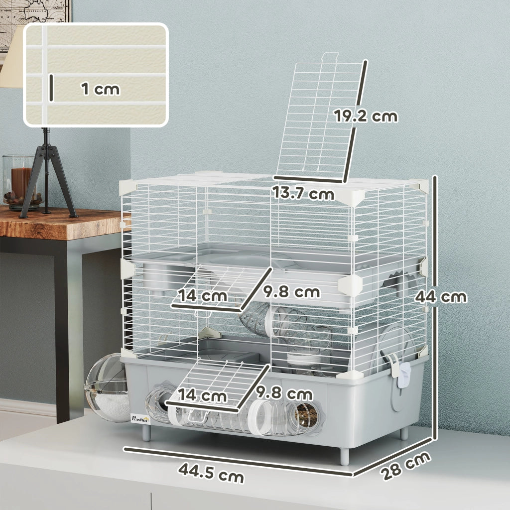 Gabbia per Criceti a 2 Livelli con Ruota ¨C Minimal ¨C Grigio e Bianco 44.5x28x44 cm