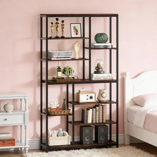 Libreria con ripiani aperti, stile industriale, in metallo, marrone rustico, per soggiorno, 100 × 30 × 200 cm