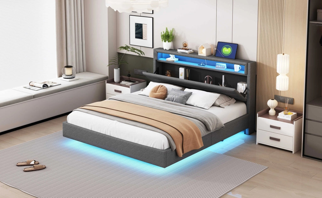 Letto matrimoniale imbottito 160x200 cm con LED; USB e testiera con vani; in tessuto tipo lino; grigio
