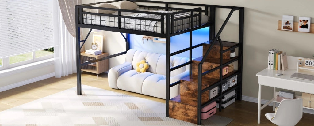 Letto a soppalco 140x200 cm con LED e scale contenitore in metallo nero