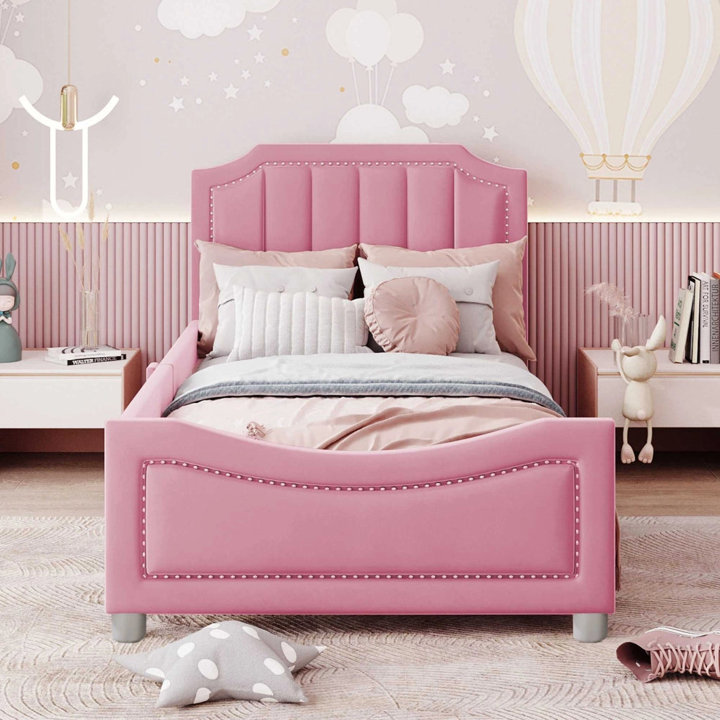 Letto singolo imbottito 90x200 cm rosa con schienale e braccioli, senza materasso