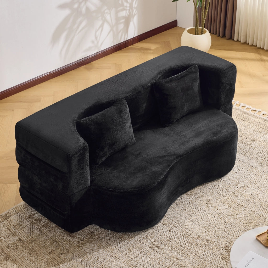 Divano letto pieghevole 2 in 1 in schiuma ad alta densità nero con 2 cuscini e rivestimento in peluche corto