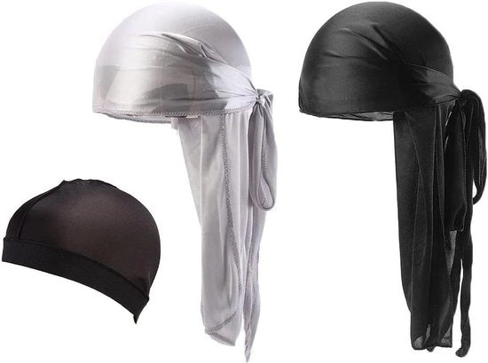Durag ademendee e elastico per Uomo e Donna - Nero e Argento - Unico Misura - Onde - Qualità duratura