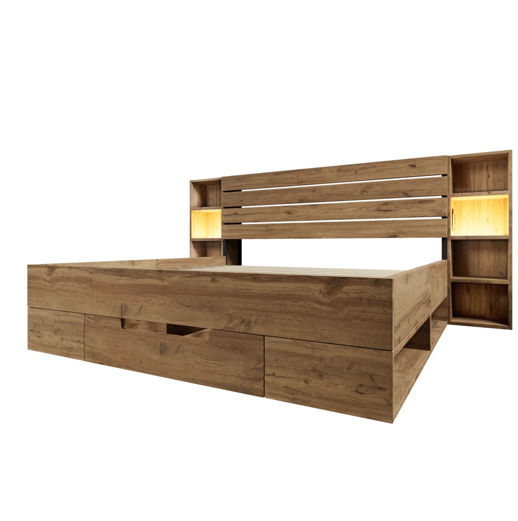 Letto matrimoniale 180x200 in legno massello con contenitori, illuminazione LED e ricarica USB-C, struttura robusta in metallo e MDF, colore rovere (senza materasso)