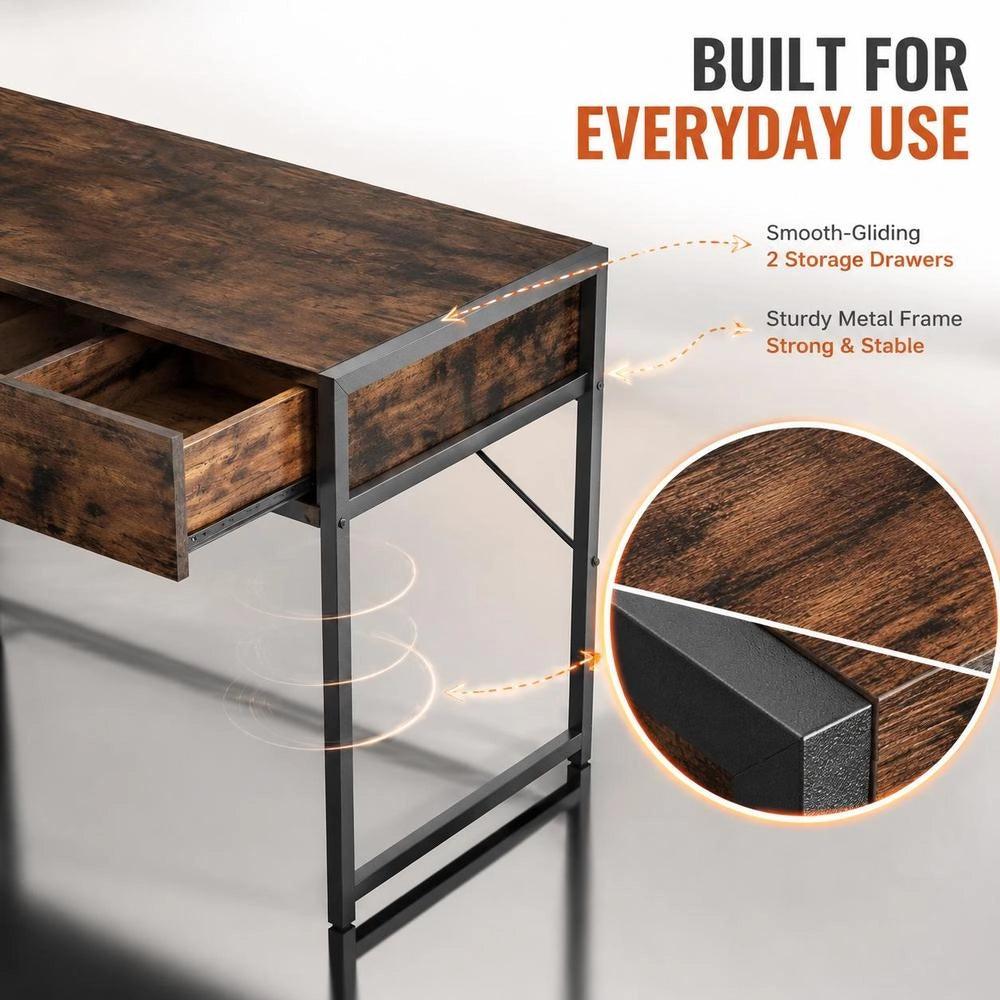 Computer Desk with 2 Drawers Vanity Table with Heavy-Duty Metal Frame-Rustic Brown
