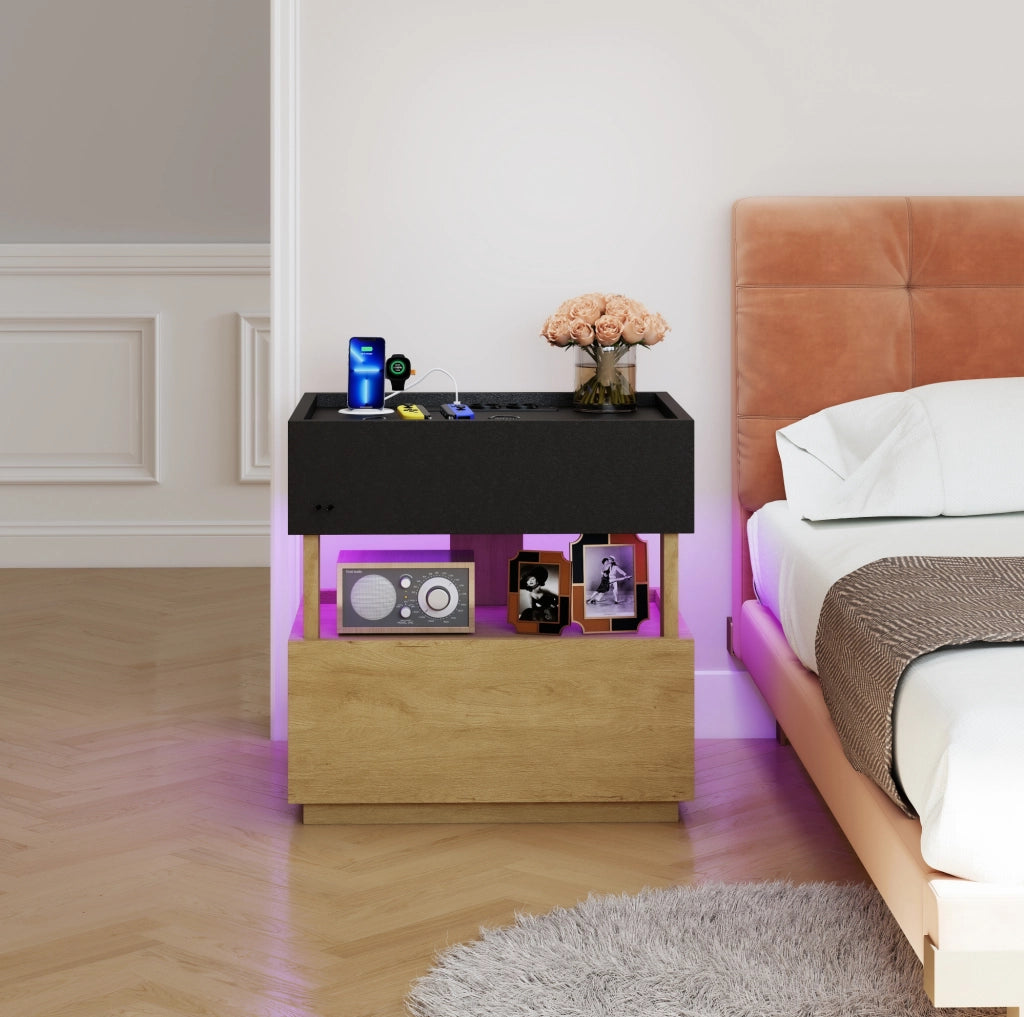 Comodino smart con ricarica wireless, LED, USB e 2 cassetti