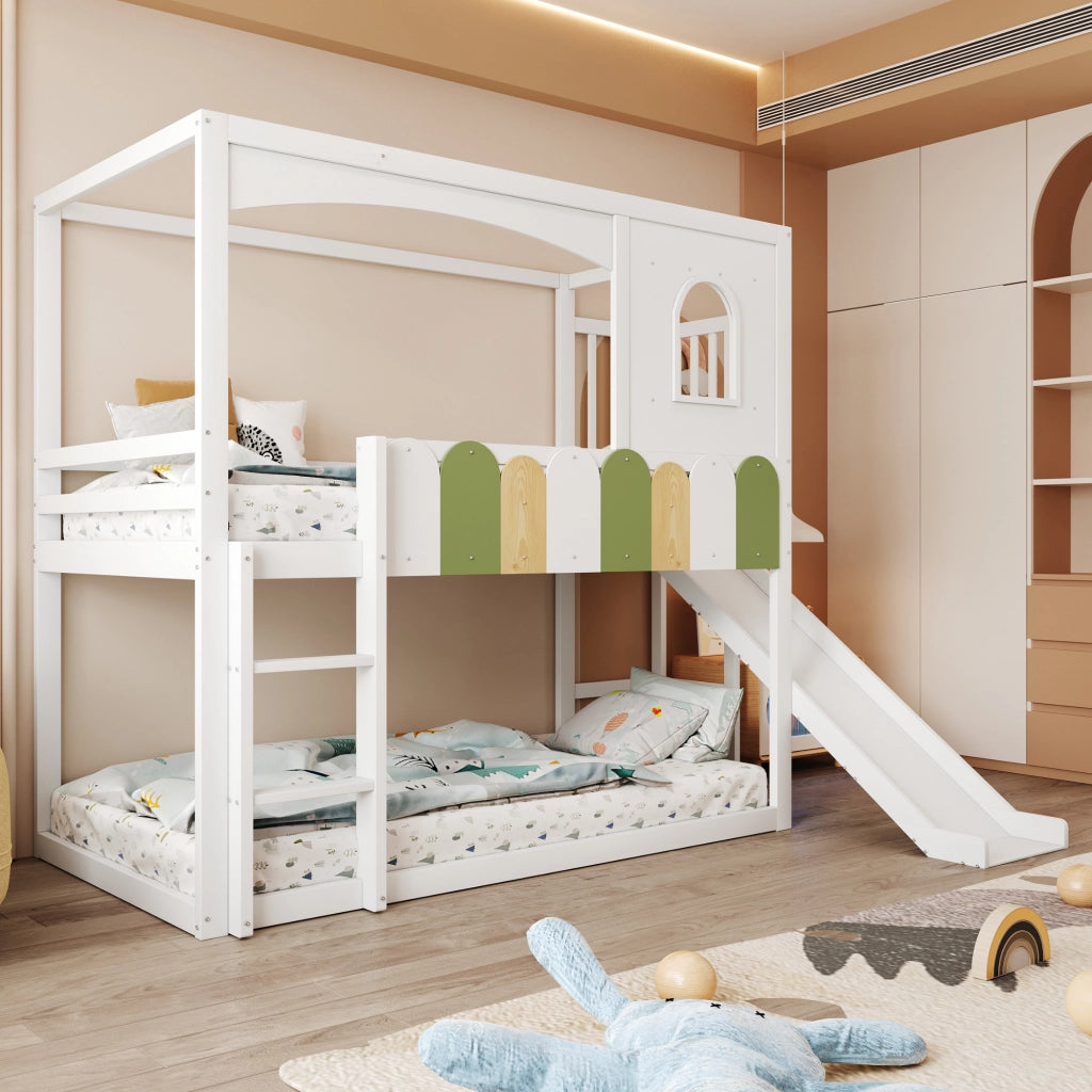Letto a soppalco a casetta 90x200 cm bianco con finestre; scivolo e scala