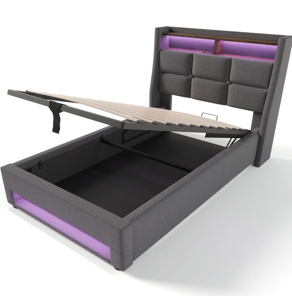Letto imbottito 90x200 cm con LED, USB e contenitore in lino grigio