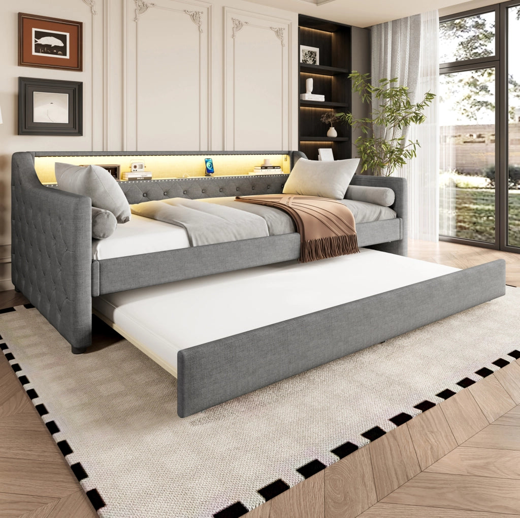 LETTO Divano 90x200 cm in lino grigio con letto estraibile, LED e USB