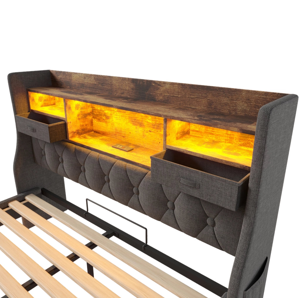 Letto imbottito 140x190 cm con illuminazione LED, testiera con porta USB e Type-C, design moderno con piano a doghe, rivestimento in lino grigio (senza materasso)