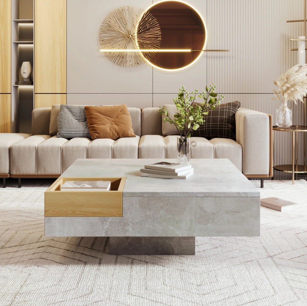 Tavolino da caffè 72x72x30 cm con box contenitore estraibile; grigio cemento e legno