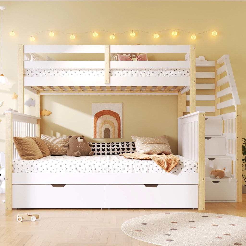 Letto a castello 90×200 cm e 140×200 cm con cassetti; contenitore e scala; senza materasso; bianco e naturale
