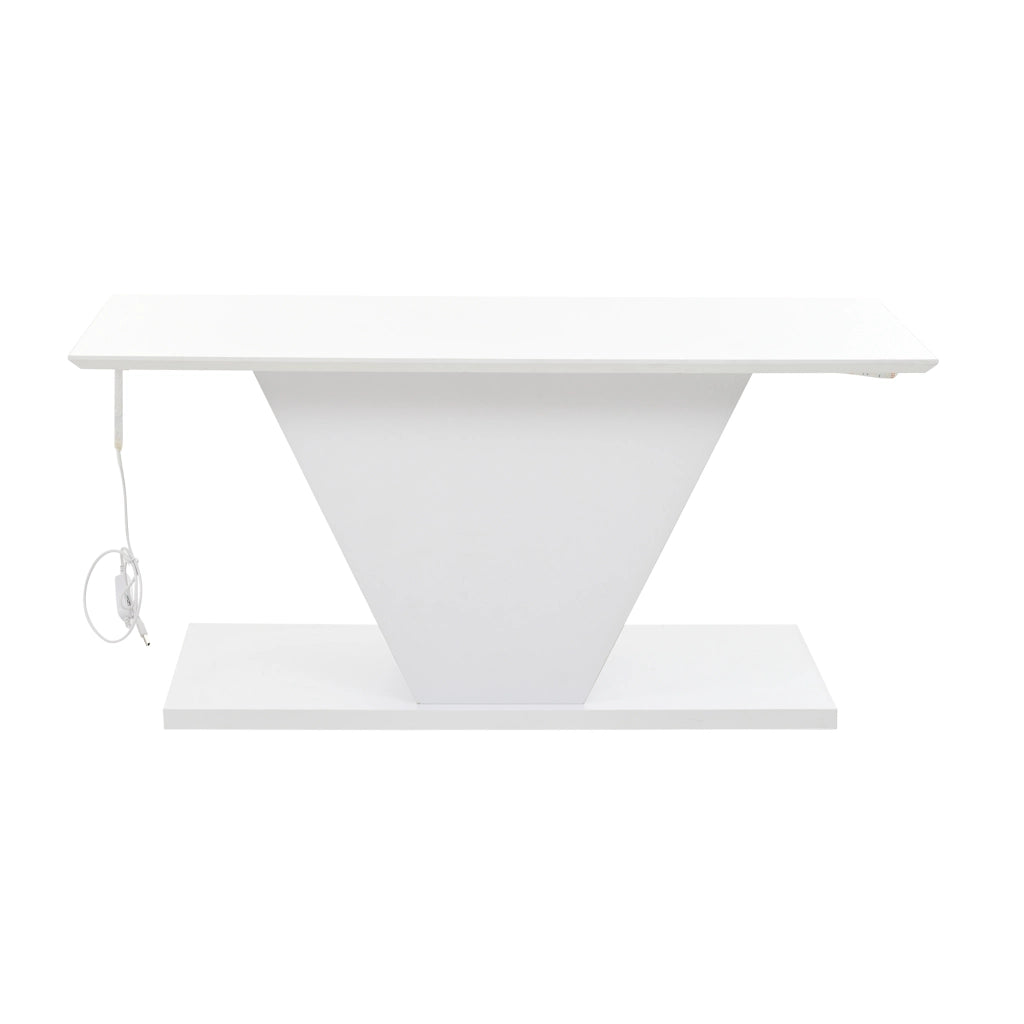 Tavolino da salotto a V con illuminazione LED regolabile e piano lucido, per soggiorno, bianco, 100 × 50 × 46 cm