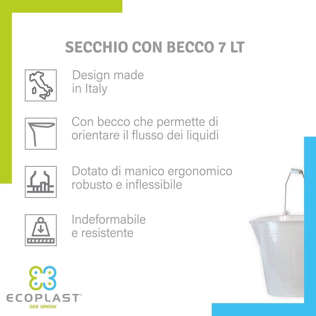 Secchio comune con becco capacità 7 litri in polipropilene con manico rivestito Ecoplast
