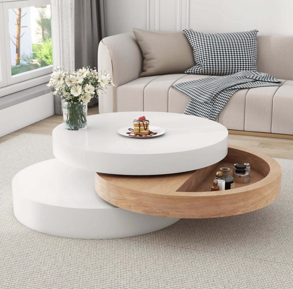 Tavolino da salotto rotondo girevole 360° 60x60 cm con vano contenitore bianco e legno naturale HOMVRA