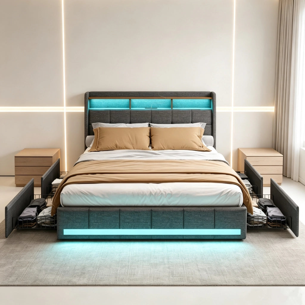 Letto matrimoniale imbottito 140x190 cm con 4 cassetti ; letto Contenitore con LED e USB; letto funzionale letto adulti ;Lino Grigio Scuro