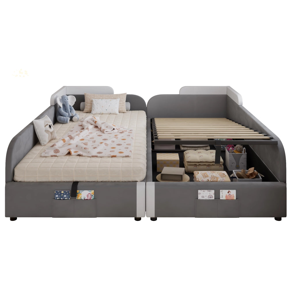 Letto bimbi imbottito in velluto con contenitore idraulico, sponda morbida rialzata e tasche portaoggetti - Bianco e grigio