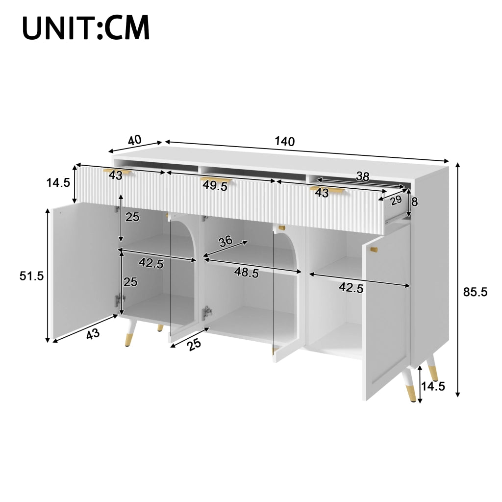 Credenza 4 ante e 3 cassetti con inserti in acrilico trasparente per soggiorno e sala da pranzo in MDF bianca