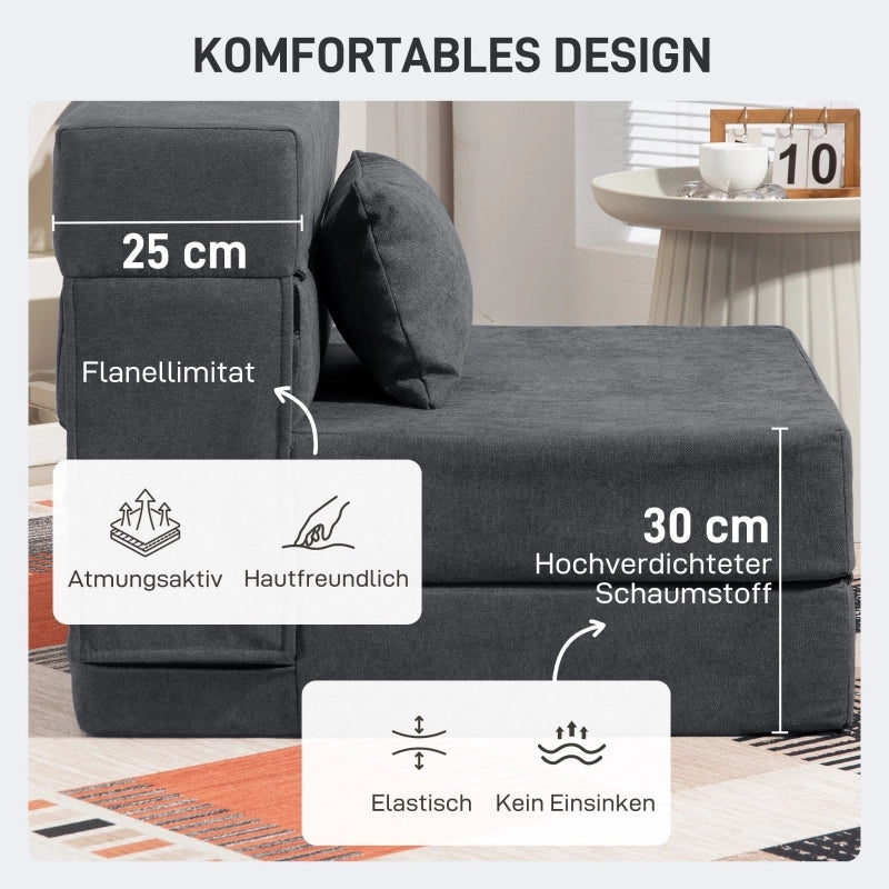 Poltrona letto pieghevole 3 in 1 in tessuto effetto flanella grigio scuro con cuscino 80 × 80 × 64 cm