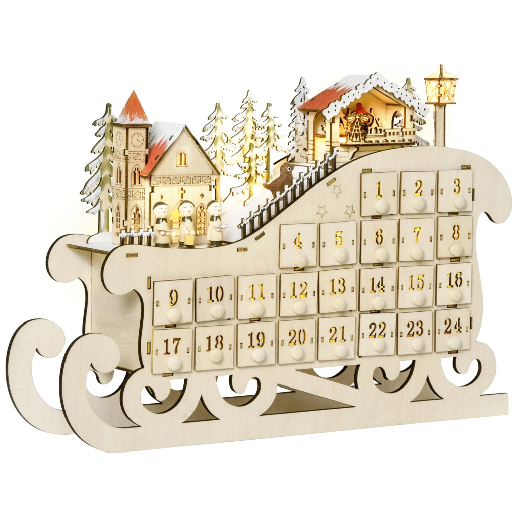 Calendario dell'Avvento in legno a forma di slitta con 10 LED bianco caldo e 24 cassetti, decorazione natalizia per casa