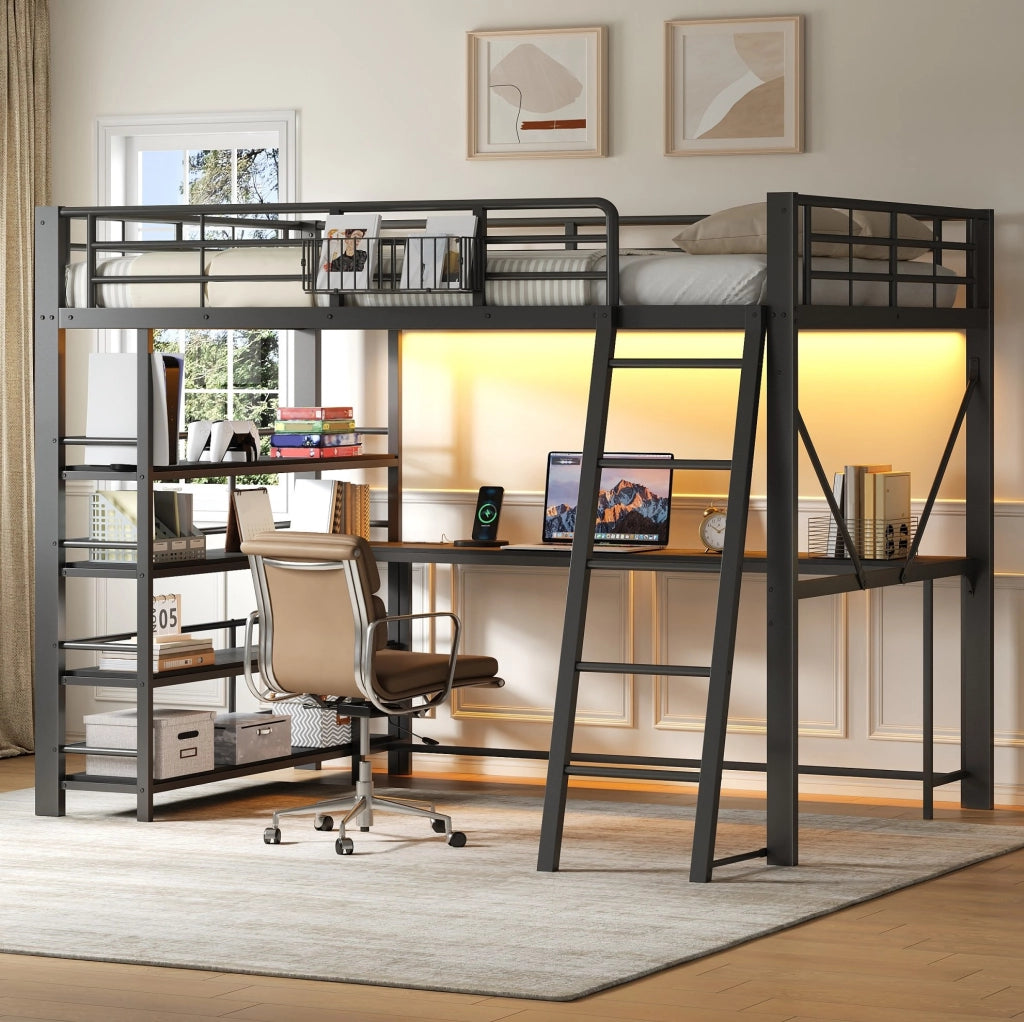 Letto soppalcato 140x200 in metallo nero con scrivania， LED e USB， senza materasso