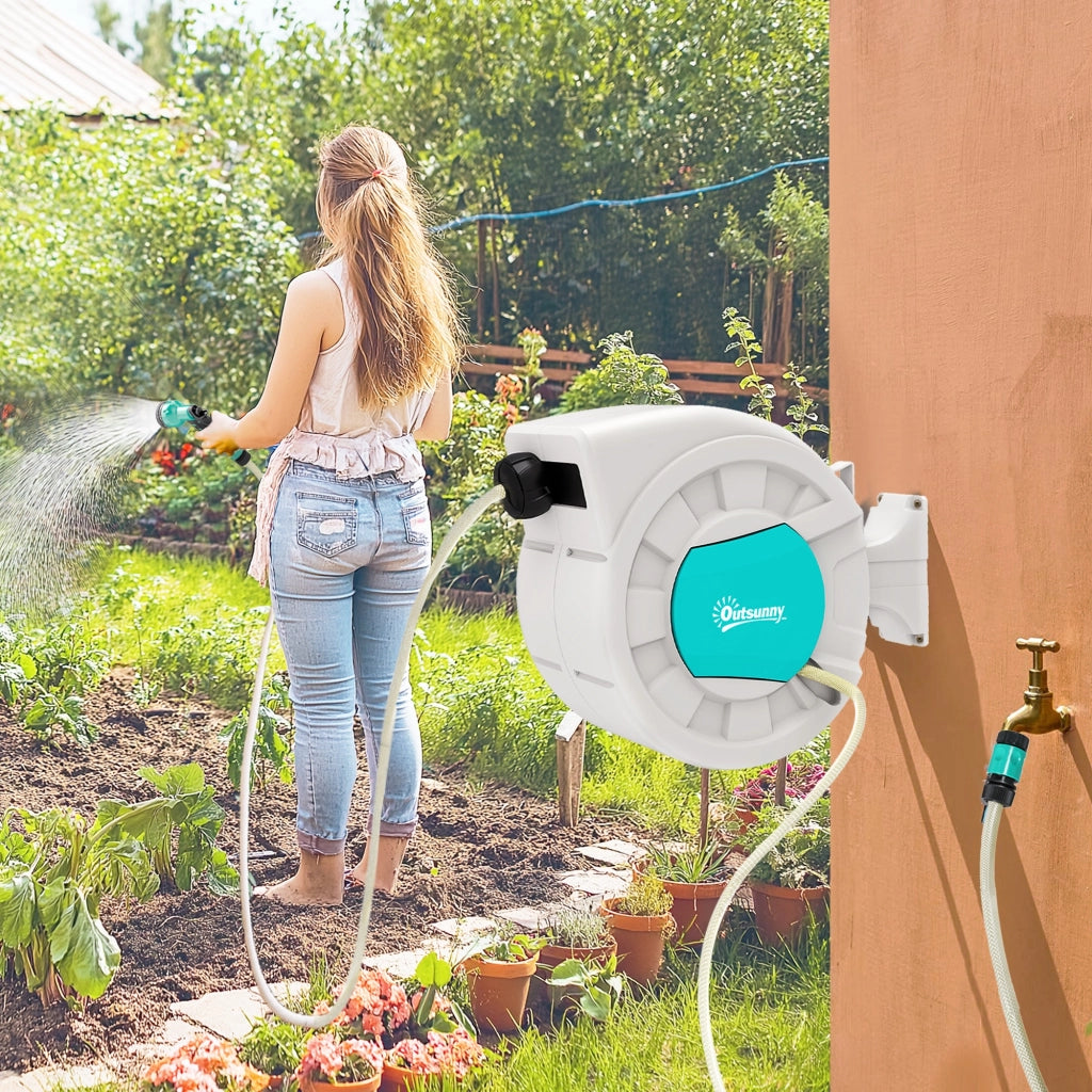 Avvolgitubo Automatico da Parete per Giardino 25+2 m Orientabile 180° 7 Getti Grigio Chiaro 55 x 20 x 42 cm