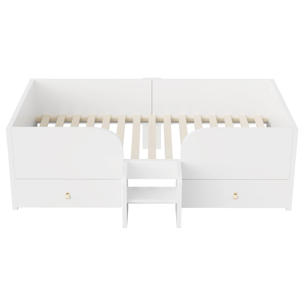 Letto per bambini 90x200 cm con 2 cassetti e scaletta di sicurezza; MDF e compensato bianco