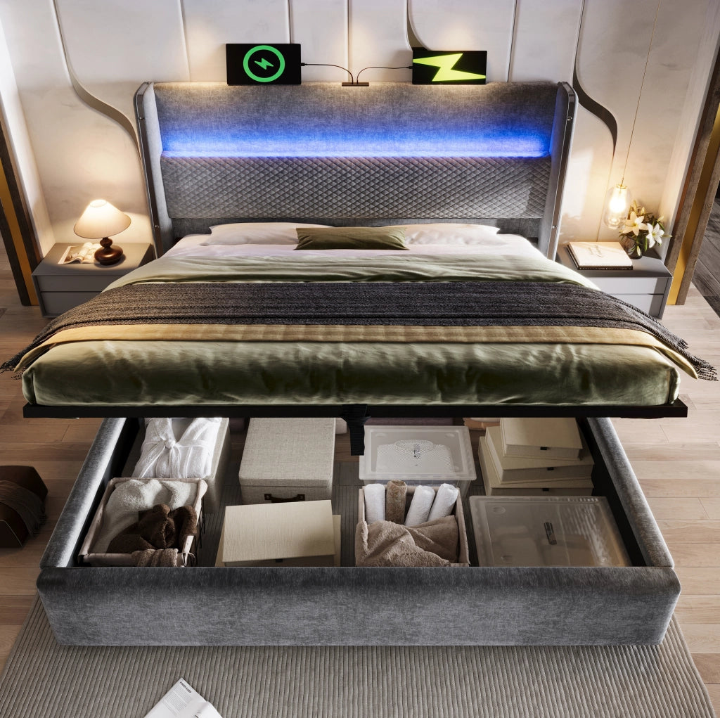 Letto 160x200 cm con contenitore, LED e prese USB/Type-C, rivestimento in lino grigio