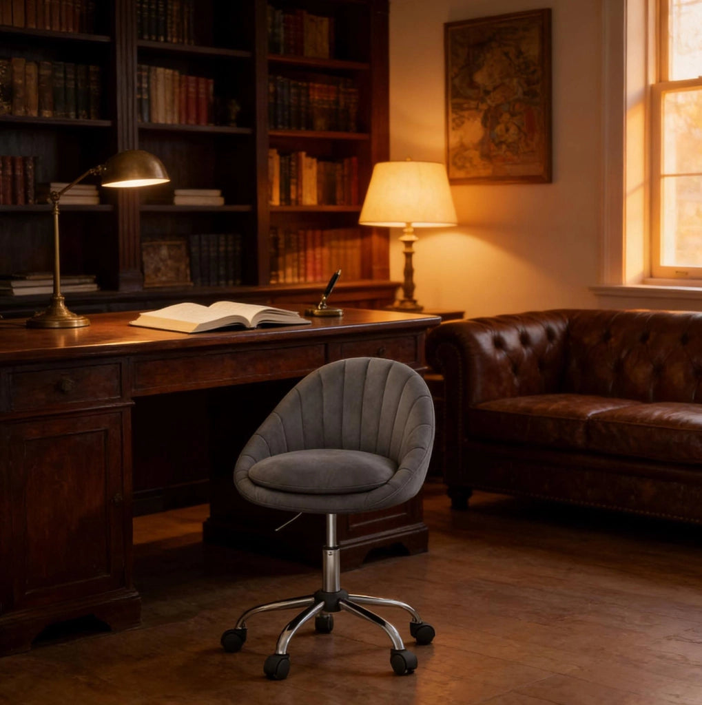Sedia da ufficio ergonomica in velluto grigio scuro con ruote