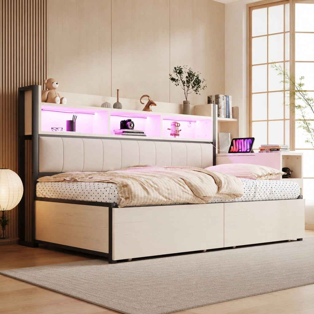 Letto multifunzionale 90 x 200 cm con cassetti; scrivania mobile e prese integrate; bianco e legno