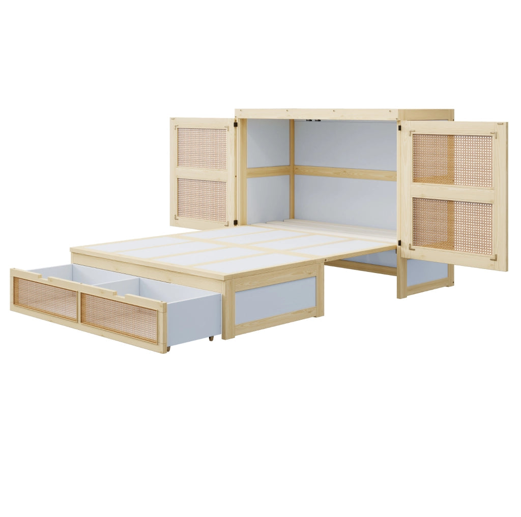 Letto a scomparsa 140x200 cm con struttura in legno color legno e cassetti contenitori, design con rattan, letto singolo salvaspazio