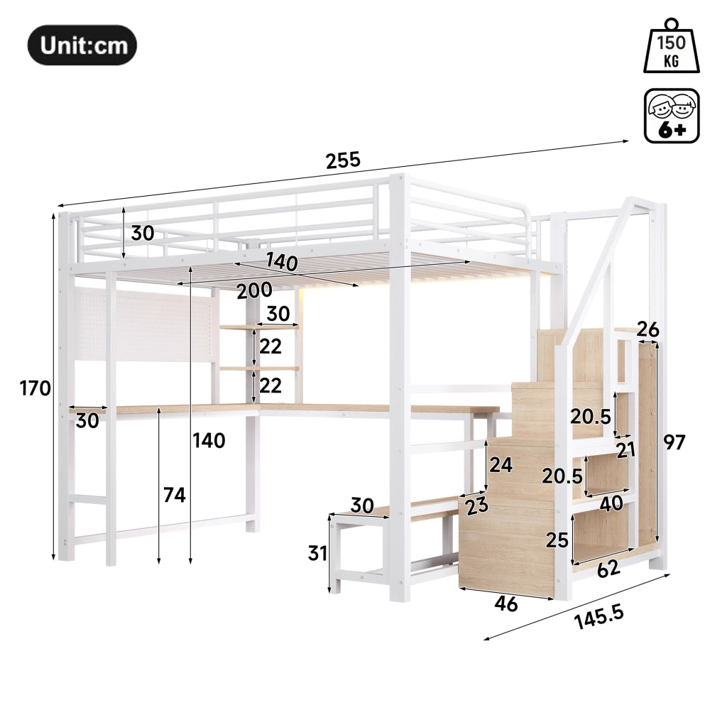 Letto a Soppalco 140x200 cm, con Scrivania, USB e Type-C, LED e Mensole