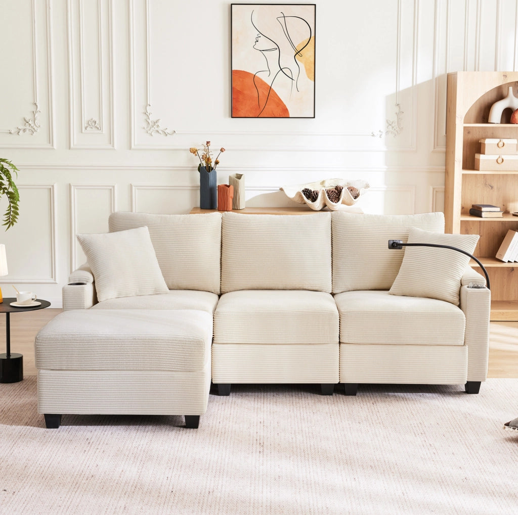 Divano angolare modulabile 3 posti in velluto a coste beige