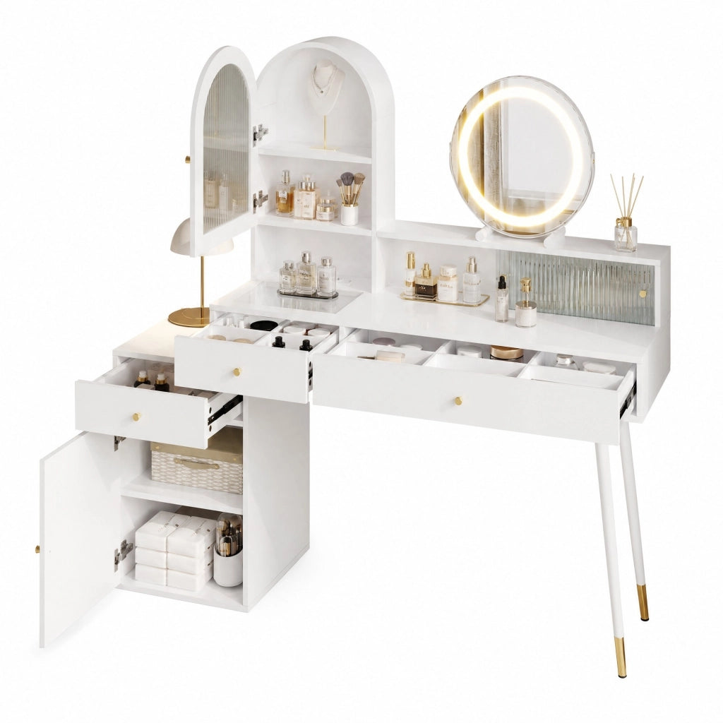 Toeletta bianca regolabile con specchio LED, prese e vano contenitore, 140×40×140 cm
