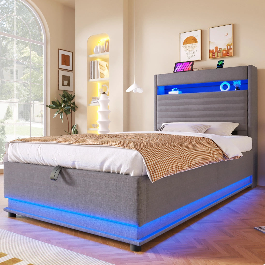 Letto contenitore 90 × 200 cm con LED; USB e porta Type-C; testiera imbottita in lino grigio