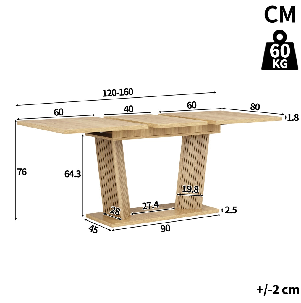 Tavolo da Pranzo Allungabile in MDF e Metallo, Design a Doppia Colonna, 120-160x80x76 cm, Marrone Naturale
