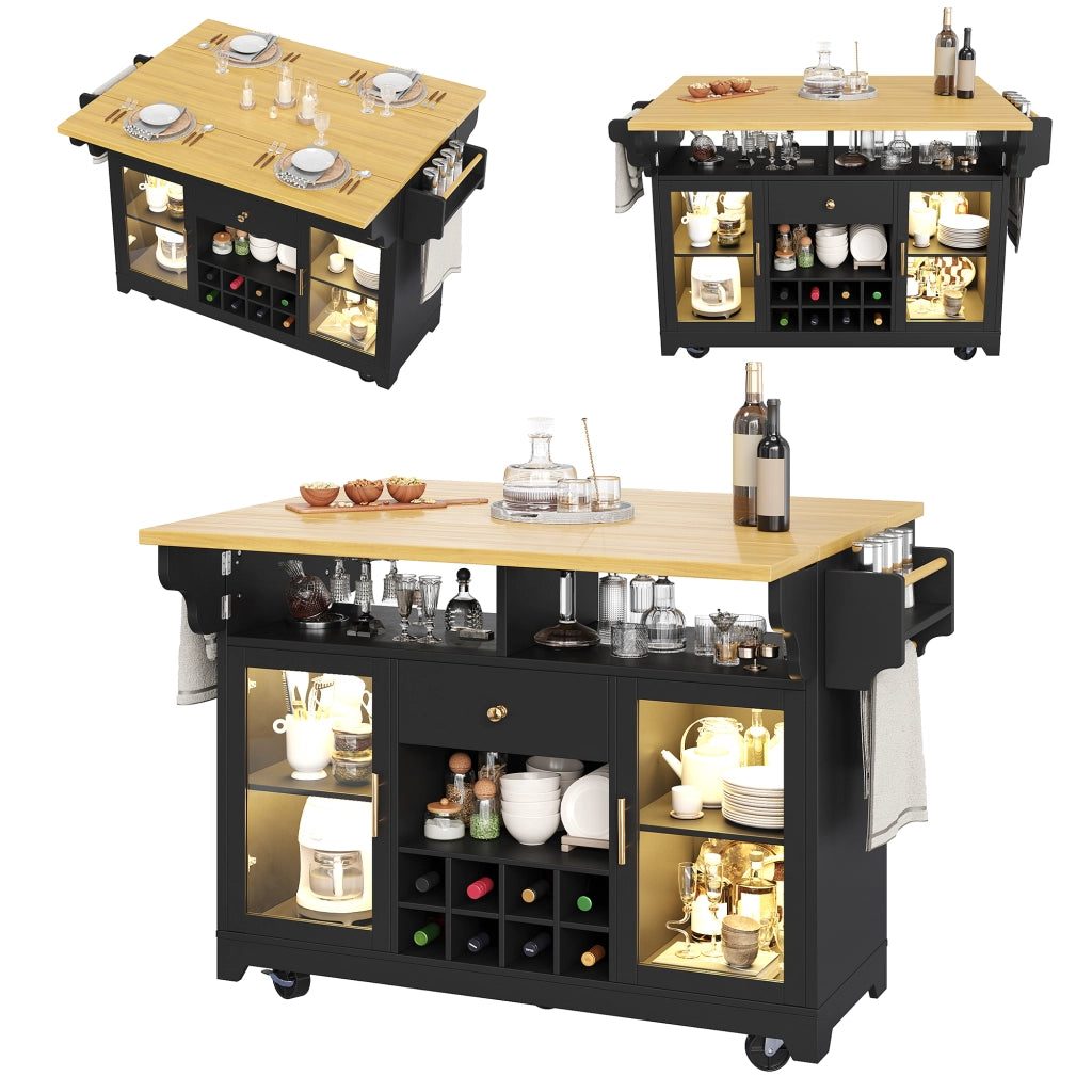 Carrello da cucina con ripiani regolabili, portabottiglie e piani pieghevoli, LED RGB, nero, 120 × 80 × 95 cm