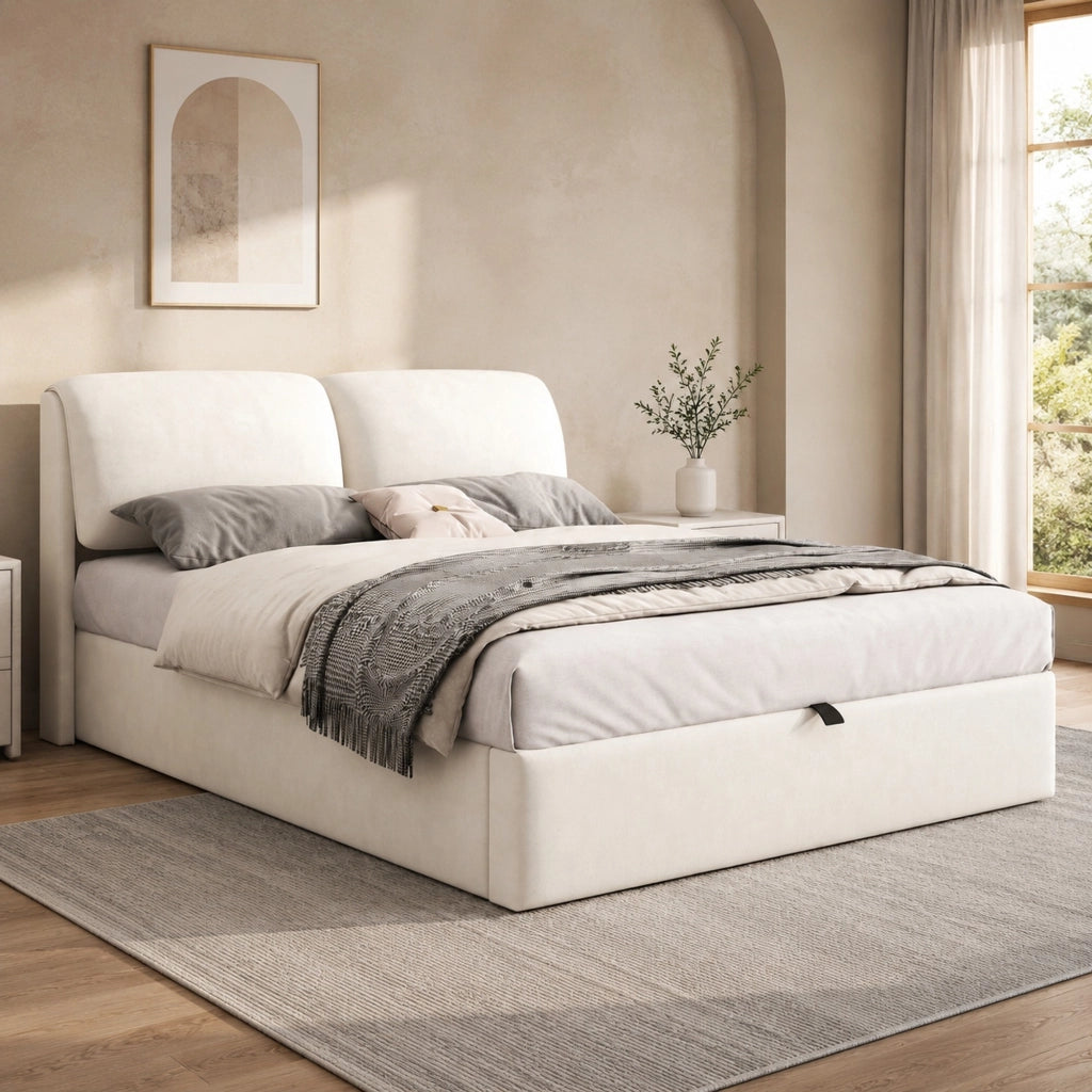 Letto imbottito 140x190 cm con contenitore idraulico; 3 cassetti; velluto beige; rete a doghe