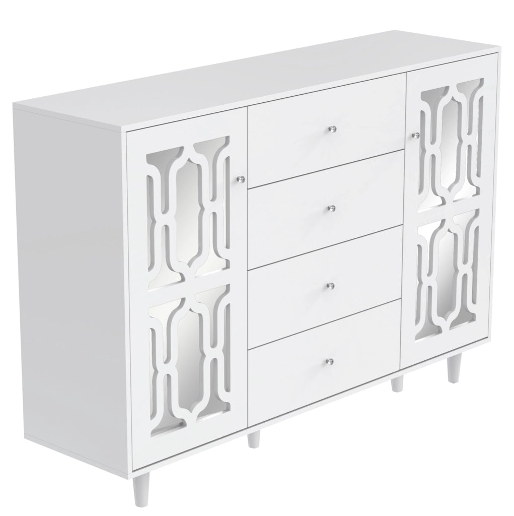 Madia bianca con ante a specchio; 4 cassetti; 147;5 x 40 x 102 cm; in MDF