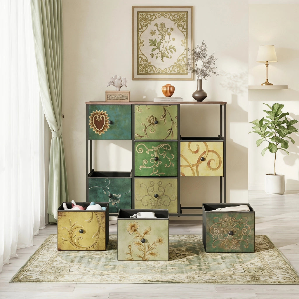 Cassettiera camera da letto 30x100x86.5 cm con cassetti in tessuto motivo floreale vintage mobiletto multiuso in legno e acciaio - verde