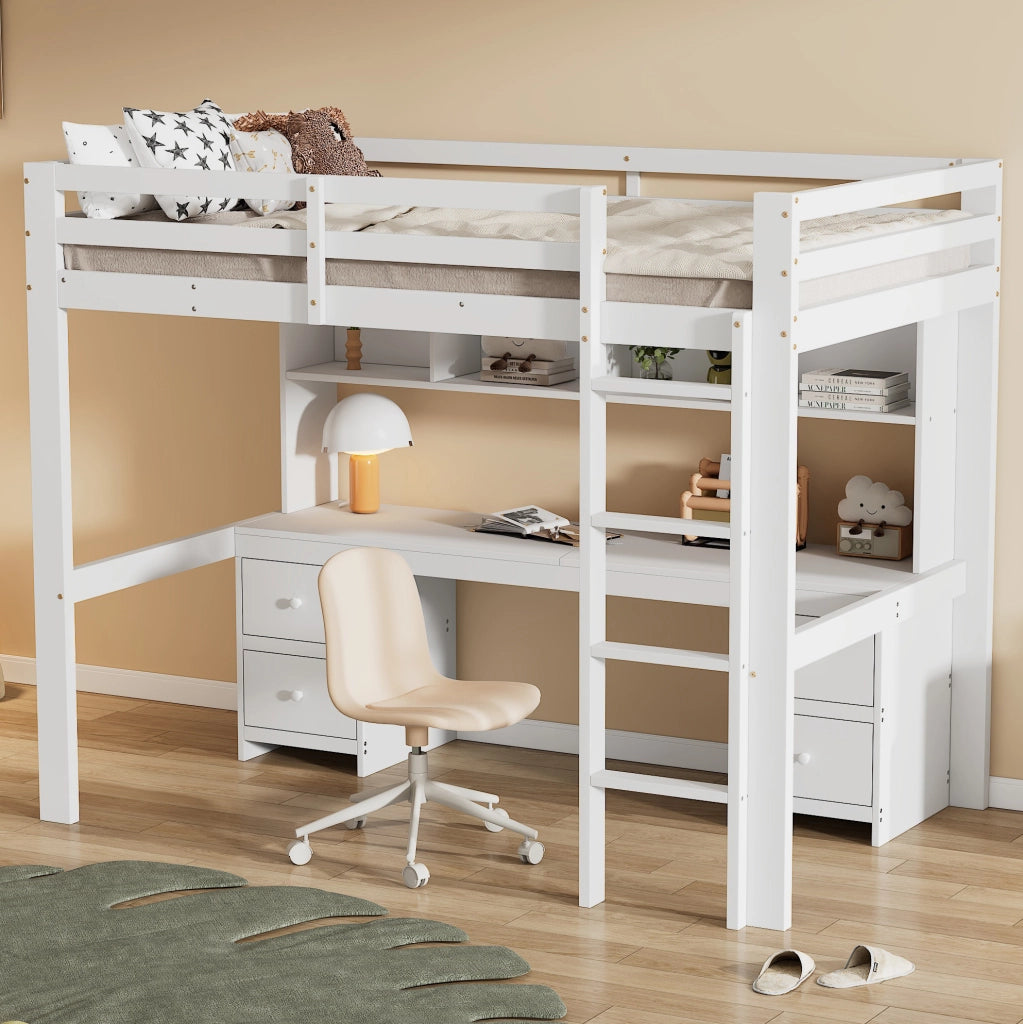 Letto a soppalco per bambini 90x200 cm in legno di pino bianco con scrivania e ampio spazio di stoccaggio