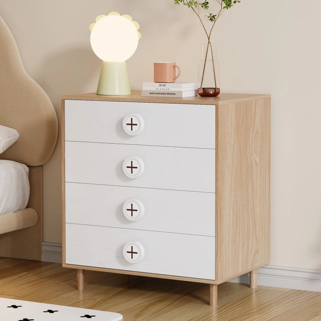 COMODINO 4 cassetti 80x54x90 cm MDF Naturale e Bianco