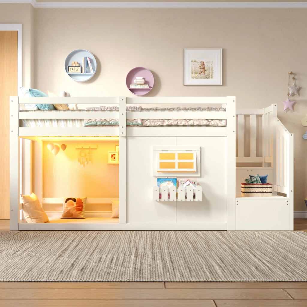 Letto a soppalco 90x200 cm in pino e MDF; con finestra; scala contenitore e LED; bianco