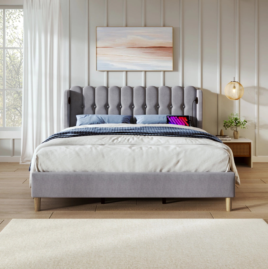 Letto matrimoniale imbottito grigio 160x200 cm con USB e Type-C