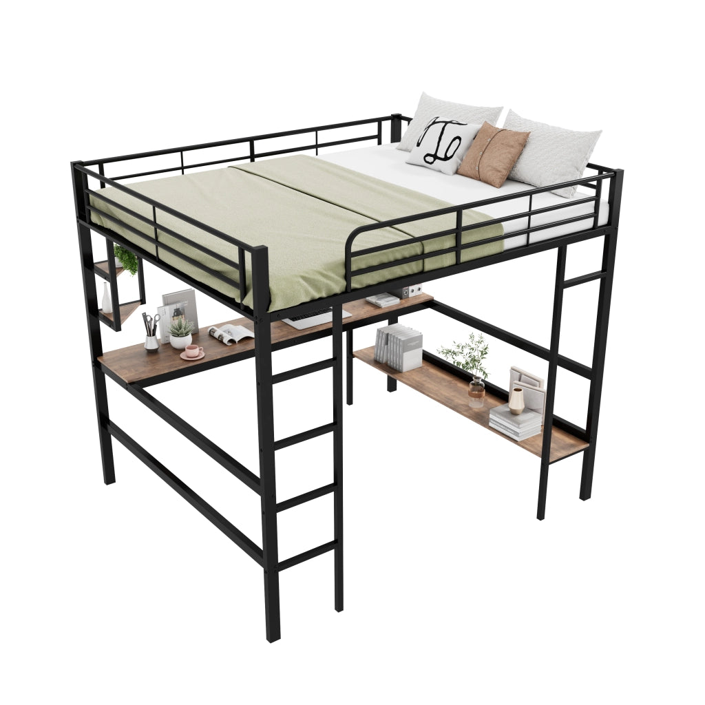Hochbett 140x200 cm in metallo nero con scrivania, libreria e scaletta, senza materasso