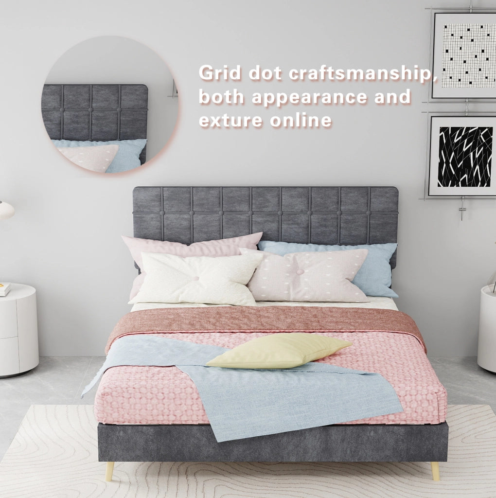 Letto matrimoniale 140 x 200 cm in tessuto grigio con testiera imbottita a quadri