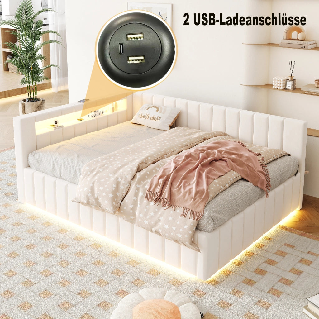 Letto contenitore matrimoniale 140×200 cm con LED; USB e testiera imbottita; senza materasso; beige