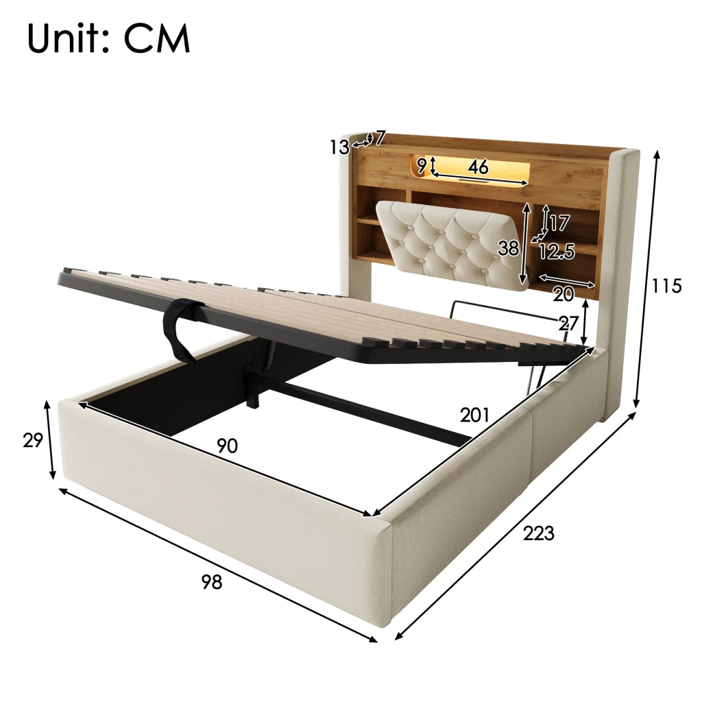 Letto imbottito beige 90 x 200 cm con contenitore idraulico