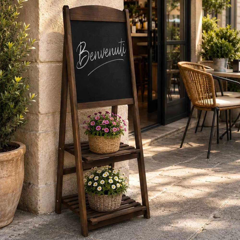Lavagna pubblicitaria in legno marrone con due mensole per bar ristoranti h 112